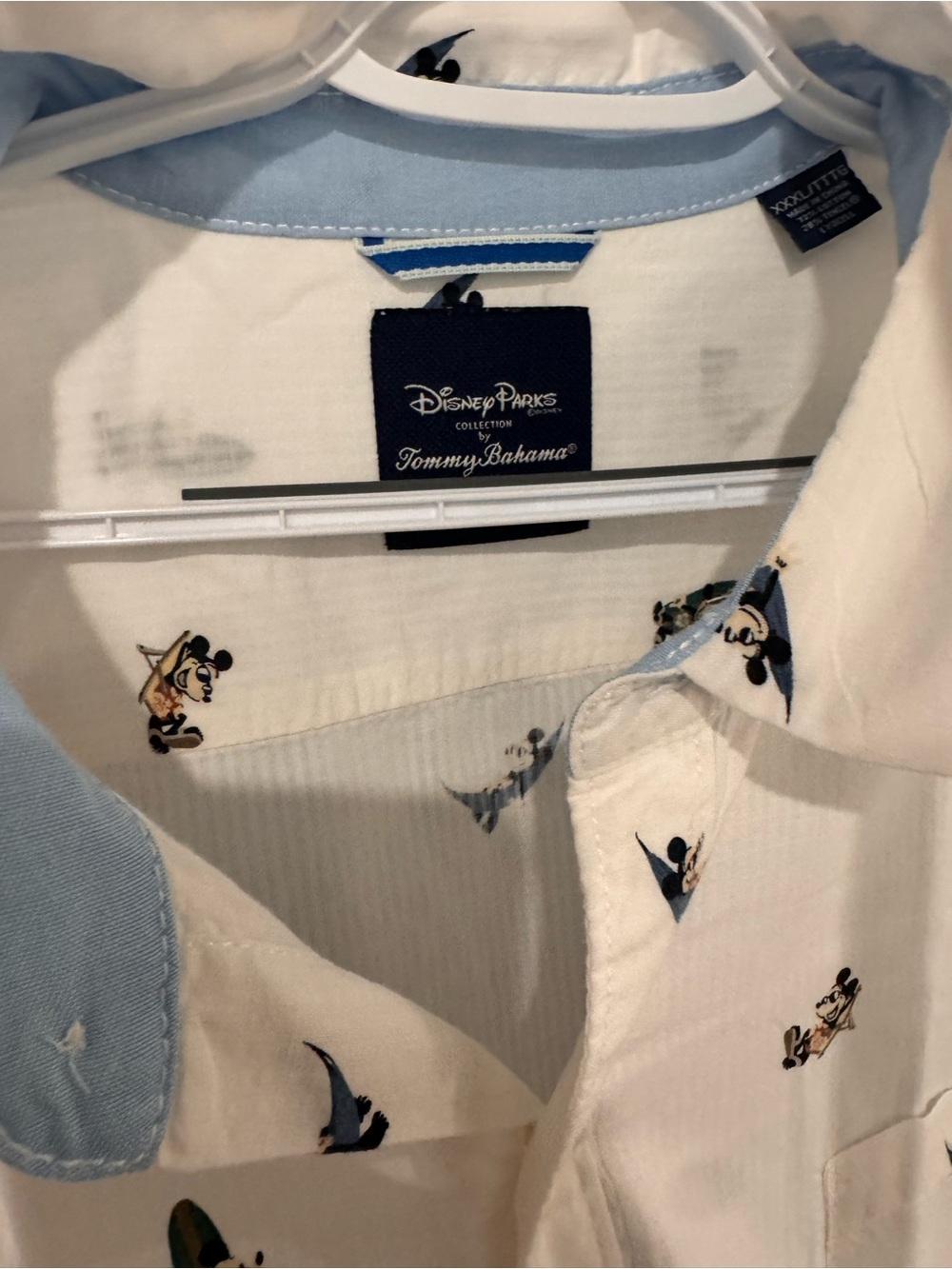Tommy Bahama White Short-Sleeve Camp Shirt with Light Blue Trim and Mickey Print
